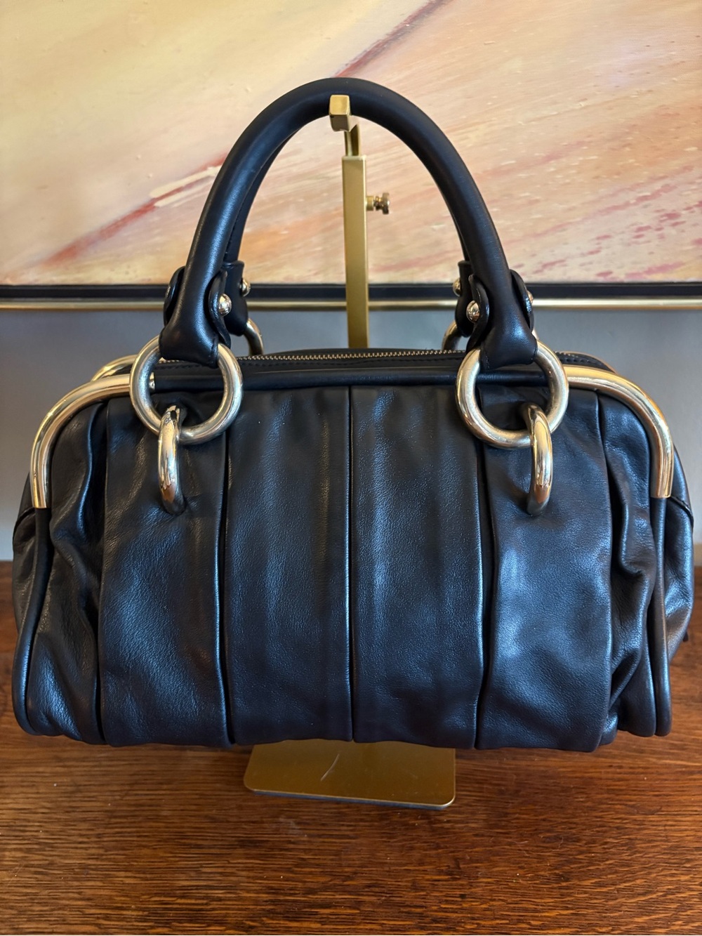 Bally Black Nappa Leather Pleated Ring Hardware Satchel Bag